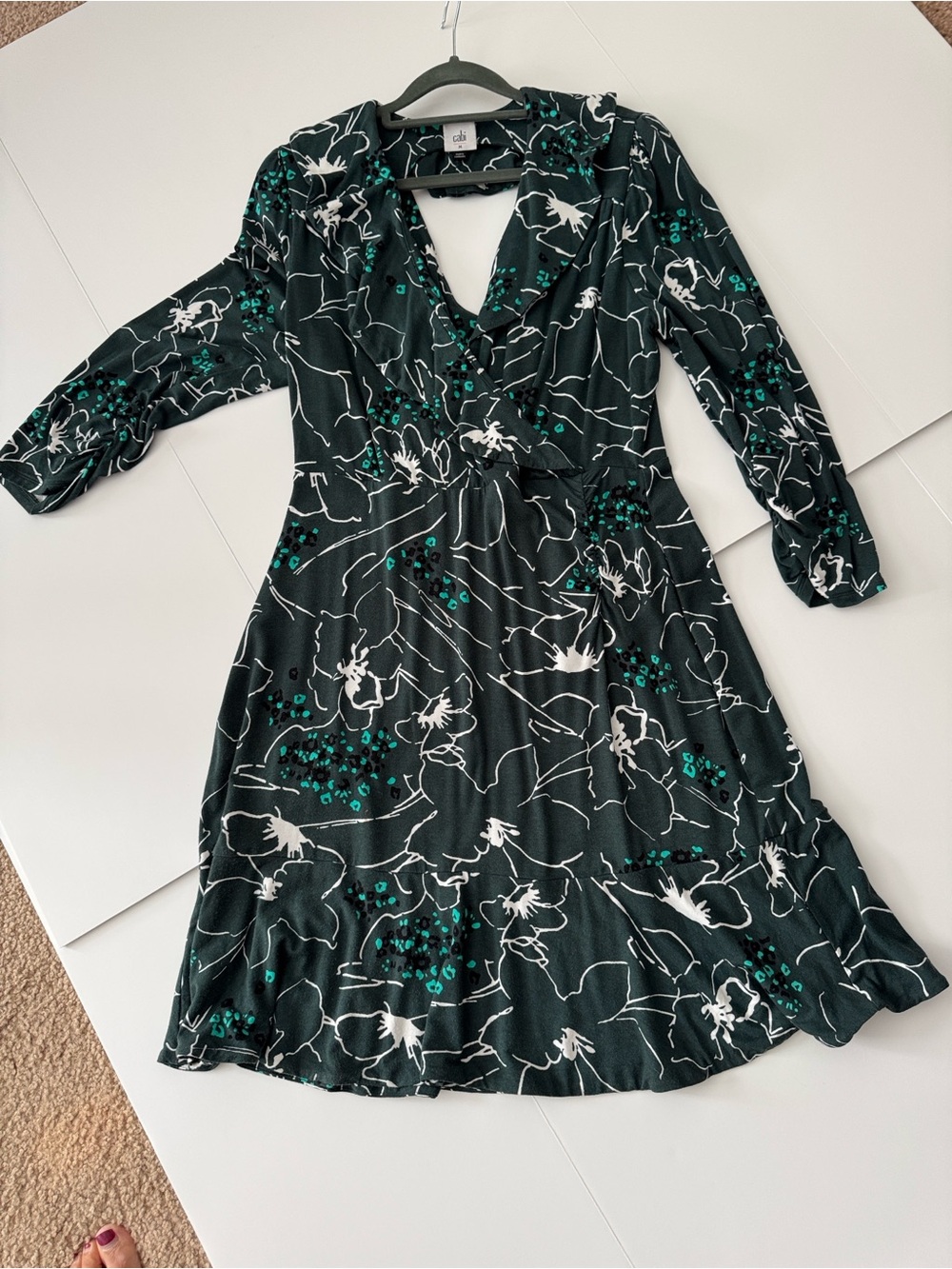CAbi Green Floral Faux Wrap Midi Dress with Teal Accents